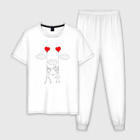 Мужская пижама хлопок с принтом Полет любви в Белгороде, 100% хлопок | брюки и футболка прямого кроя, без карманов, на брюках мягкая резинка на поясе и по низу штанин
 | люблю | парные | сердце | шары воздушные