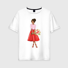 Женская футболка хлопок Oversize с принтом К свиданию готова! в Белгороде, 100% хлопок | свободный крой, круглый ворот, спущенный рукав, длина до линии бедер
 | букет | девушка | красный | цветы