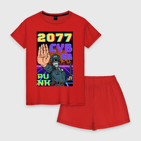 Женская пижама с шортиками хлопок с принтом Retro Cyberpunk в Белгороде, 100% хлопок | футболка прямого кроя, шорты свободные с широкой мягкой резинкой | 2077 | cyber punk | cyberpunk | retro | tegunvteg | будущее | кибер панк | киберпанк | ретро | робот | хлопок