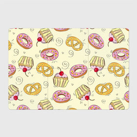 Магнитный плакат 3Х2 с принтом Узор Сладости в Белгороде, Полимерный материал с магнитным слоем | 6 деталей размером 9*9 см | детский | диета | желтый | капкейк | крендель | нарисованный | паттерн | пирожок | пончик | розовый | сладости | узор