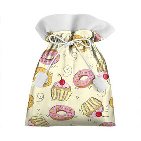 Подарочный 3D мешок с принтом Узор Сладости в Белгороде, 100% полиэстер | Размер: 29*39 см | детский | диета | желтый | капкейк | крендель | нарисованный | паттерн | пирожок | пончик | розовый | сладости | узор