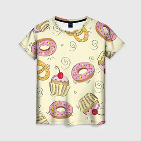 Женская футболка 3D с принтом Узор Сладости в Белгороде, 100% полиэфир ( синтетическое хлопкоподобное полотно) | прямой крой, круглый вырез горловины, длина до линии бедер | детский | диета | желтый | капкейк | крендель | нарисованный | паттерн | пирожок | пончик | розовый | сладости | узор