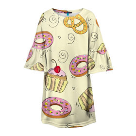 Детское платье 3D с принтом Узор Сладости в Белгороде, 100% полиэстер | прямой силуэт, чуть расширенный к низу. Круглая горловина, на рукавах — воланы | детский | диета | желтый | капкейк | крендель | нарисованный | паттерн | пирожок | пончик | розовый | сладости | узор