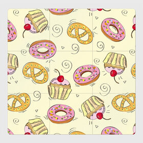 Магнитный плакат 3Х3 с принтом Узор Сладости в Белгороде, Полимерный материал с магнитным слоем | 9 деталей размером 9*9 см | детский | диета | желтый | капкейк | крендель | нарисованный | паттерн | пирожок | пончик | розовый | сладости | узор