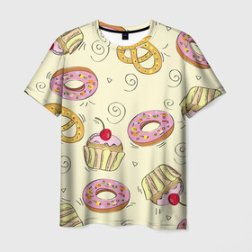 Мужская футболка 3D с принтом Узор Сладости в Белгороде, 100% полиэфир | прямой крой, круглый вырез горловины, длина до линии бедер | Тематика изображения на принте: детский | диета | желтый | капкейк | крендель | нарисованный | паттерн | пирожок | пончик | розовый | сладости | узор