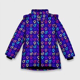 Зимняя куртка для девочек 3D с принтом Символы Гендера в Белгороде, ткань верха — 100% полиэстер; подклад — 100% полиэстер, утеплитель — 100% полиэстер. | длина ниже бедра, удлиненная спинка, воротник стойка и отстегивающийся капюшон. Есть боковые карманы с листочкой на кнопках, утяжки по низу изделия и внутренний карман на молнии. 

Предусмотрены светоотражающий принт на спинке, радужный светоотражающий элемент на пуллере молнии и на резинке для утяжки. | 