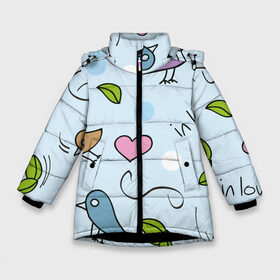 Зимняя куртка для девочек 3D с принтом Влюбленные птички в Белгороде, ткань верха — 100% полиэстер; подклад — 100% полиэстер, утеплитель — 100% полиэстер. | длина ниже бедра, удлиненная спинка, воротник стойка и отстегивающийся капюшон. Есть боковые карманы с листочкой на кнопках, утяжки по низу изделия и внутренний карман на молнии. 

Предусмотрены светоотражающий принт на спинке, радужный светоотражающий элемент на пуллере молнии и на резинке для утяжки. | 14 февраля | влюбленным | день святого валентина | детский | любовь | милый | паттерн | птички | сердечки | узор