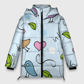 Женская зимняя куртка 3D с принтом Влюбленные птички в Белгороде, верх — 100% полиэстер; подкладка — 100% полиэстер; утеплитель — 100% полиэстер | длина ниже бедра, силуэт Оверсайз. Есть воротник-стойка, отстегивающийся капюшон и ветрозащитная планка. 

Боковые карманы с листочкой на кнопках и внутренний карман на молнии | 14 февраля | влюбленным | день святого валентина | детский | любовь | милый | паттерн | птички | сердечки | узор