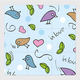 Магнитный плакат 3Х3 с принтом Влюбленные птички в Белгороде, Полимерный материал с магнитным слоем | 9 деталей размером 9*9 см | 14 февраля | влюбленным | день святого валентина | детский | любовь | милый | паттерн | птички | сердечки | узор