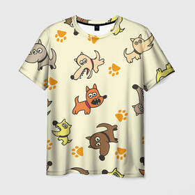 Мужская футболка 3D с принтом Собачки в Белгороде, 100% полиэфир | прямой крой, круглый вырез горловины, длина до линии бедер | детский | желтый | забавный | злые | зоо | милый | нарисованный | пёсики | приют | следы | собаки | собачки | узор | щенки