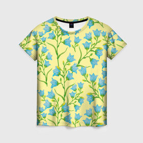 Женская футболка 3D с принтом Колокольчики на желтом фоне в Белгороде, 100% полиэфир ( синтетическое хлопкоподобное полотно) | прямой крой, круглый вырез горловины, длина до линии бедер | 8 марта | flowers | summer | ботаническая иллюстрация | весна | желтый | зеленый | колокольчики | лето | любовь | праздник | принт | природа | растения | цветы