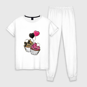 Женская пижама хлопок с принтом Кексики в Белгороде, 100% хлопок | брюки и футболка прямого кроя, без карманов, на брюках мягкая резинка на поясе и по низу штанин | сладости | шары