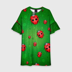 Детское платье 3D с принтом БОЖЬИ КОРОВКИ в Белгороде, 100% полиэстер | прямой силуэт, чуть расширенный к низу. Круглая горловина, на рукавах — воланы | tegunvteg | божьи | букашки | деревья | зеленый | коровки | лес | листья | насекомые | природа | пятна | тараканы