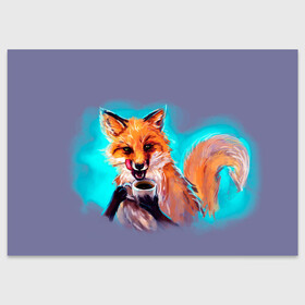 Поздравительная открытка с принтом Лиса с кофе в Белгороде, 100% бумага | плотность бумаги 280 г/м2, матовая, на обратной стороне линовка и место для марки
 | Тематика изображения на принте: fox | foxy | животное | звери | лиса | лисенок | лисичка | милая | рыжая | фокс