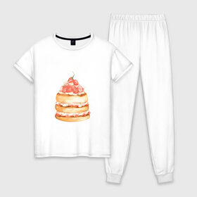 Женская пижама хлопок с принтом Панкейки в Белгороде, 100% хлопок | брюки и футболка прямого кроя, без карманов, на брюках мягкая резинка на поясе и по низу штанин | клубничка | сладости | тортик