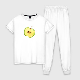 Женская пижама хлопок с принтом Яблочко в Белгороде, 100% хлопок | брюки и футболка прямого кроя, без карманов, на брюках мягкая резинка на поясе и по низу штанин | зеленое | фрукты | яблоко