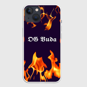 Чехол для iPhone 13 с принтом OG Buda в Белгороде,  |  | dark | fire | music | og buda | og buda lettering | og buda print | rap | rapper | rep lettering | rep print | музыка | надпись og buda | надпись рэп | огонь | принт og buda | принт рэп | рэп | рэпер | темный