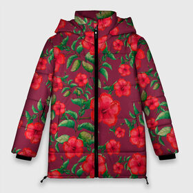 Женская зимняя куртка 3D с принтом Гибискусы на вишневом фоне в Белгороде, верх — 100% полиэстер; подкладка — 100% полиэстер; утеплитель — 100% полиэстер | длина ниже бедра, силуэт Оверсайз. Есть воротник-стойка, отстегивающийся капюшон и ветрозащитная планка. 

Боковые карманы с листочкой на кнопках и внутренний карман на молнии | 8 марта | flowers | summer | ботаническая иллюстрация | весна | вишневый | гибискус | зеленый | красный | лето | любовь | праздник | принт | природа | растения | цветы