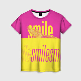 Женская футболка 3D с принтом Улыбнись (крокодил) в Белгороде, 100% полиэфир ( синтетическое хлопкоподобное полотно) | прямой крой, круглый вырез горловины, длина до линии бедер | smile | гена | желтый | крокодил | позитив | розовый | улыбка | улыбнись