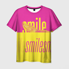 Мужская футболка 3D с принтом Улыбнись (крокодил) в Белгороде, 100% полиэфир | прямой крой, круглый вырез горловины, длина до линии бедер | smile | гена | желтый | крокодил | позитив | розовый | улыбка | улыбнись