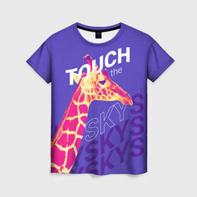 Женская футболка 3D с принтом Жираф. Прикоснись к небу в Белгороде, 100% полиэфир ( синтетическое хлопкоподобное полотно) | прямой крой, круглый вырез горловины, длина до линии бедер | animal | giraffe | sky | африка | животное | животные | жираф | небо
