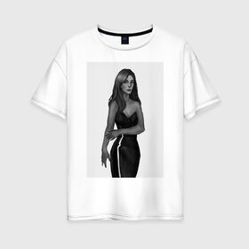 Женская футболка хлопок Oversize с принтом Девушка в черном в Белгороде, 100% хлопок | свободный крой, круглый ворот, спущенный рукав, длина до линии бедер
 | девушка | леди | портрет | серый | черно белый