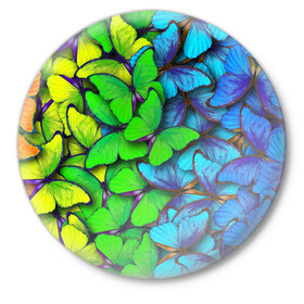 Значок с принтом Радужные бабочки в Белгороде,  металл | круглая форма, металлическая застежка в виде булавки | Тематика изображения на принте: абстракция | бабочки | градиент | неон | природа | радуга | узор | фон | яркий узор