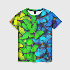 Женская футболка 3D с принтом Радужные бабочки в Белгороде, 100% полиэфир ( синтетическое хлопкоподобное полотно) | прямой крой, круглый вырез горловины, длина до линии бедер | абстракция | бабочки | градиент | неон | природа | радуга | узор | фон | яркий узор