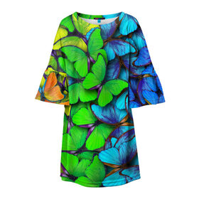 Детское платье 3D с принтом Радужные бабочки в Белгороде, 100% полиэстер | прямой силуэт, чуть расширенный к низу. Круглая горловина, на рукавах — воланы | абстракция | бабочки | градиент | неон | природа | радуга | узор | фон | яркий узор