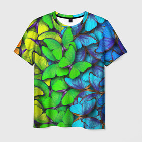 Мужская футболка 3D с принтом Радужные бабочки в Белгороде, 100% полиэфир | прямой крой, круглый вырез горловины, длина до линии бедер | Тематика изображения на принте: абстракция | бабочки | градиент | неон | природа | радуга | узор | фон | яркий узор