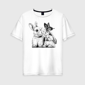 Женская футболка хлопок Oversize с принтом Зайки в Белгороде, 100% хлопок | свободный крой, круглый ворот, спущенный рукав, длина до линии бедер
 | бабочка | зайчик | милый | пушистик