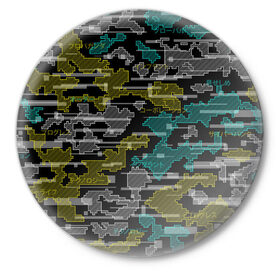 Значок с принтом Futuristic Camo в Белгороде,  металл | круглая форма, металлическая застежка в виде булавки | cyberpunk | glitch | глитч | камуфляж | киберпанк | футуристичный