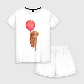 Женская пижама с шортиками хлопок с принтом Котейка в Белгороде, 100% хлопок | футболка прямого кроя, шорты свободные с широкой мягкой резинкой | воздушный шар | котик | полетаем