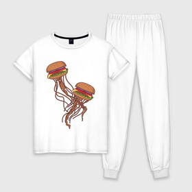 Женская пижама хлопок с принтом Бургеры медузы в Белгороде, 100% хлопок | брюки и футболка прямого кроя, без карманов, на брюках мягкая резинка на поясе и по низу штанин | булки | бургер | бутерброд | медуза | мясо | рисунок | щупальца