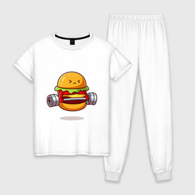 Женская пижама хлопок с принтом Бургер на спорте в Белгороде, 100% хлопок | брюки и футболка прямого кроя, без карманов, на брюках мягкая резинка на поясе и по низу штанин | булки | бургер | бутерброд | мясо | рисунок | спорт | штанга