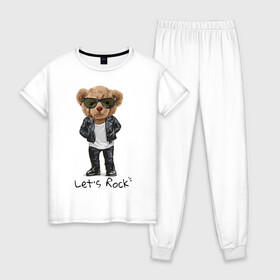 Женская пижама хлопок с принтом Мишка рокер в Белгороде, 100% хлопок | брюки и футболка прямого кроя, без карманов, на брюках мягкая резинка на поясе и по низу штанин | lets | rock | джинсы | куртка | мишка | очки | плюшевый | рок | фраза