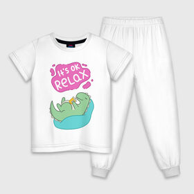 Детская пижама хлопок с принтом Its ok relax в Белгороде, 100% хлопок |  брюки и футболка прямого кроя, без карманов, на брюках мягкая резинка на поясе и по низу штанин
 | Тематика изображения на принте: relax | вектор | динозавр | динос | нежные цвета | отдых | пастель