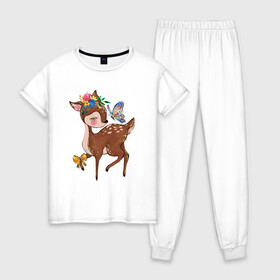 Женская пижама хлопок с принтом Олененок в Белгороде, 100% хлопок | брюки и футболка прямого кроя, без карманов, на брюках мягкая резинка на поясе и по низу штанин | олененок | сказочное существо