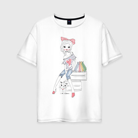 Женская футболка хлопок Oversize с принтом Девушка в Белгороде, 100% хлопок | свободный крой, круглый ворот, спущенный рукав, длина до линии бедер
 | tegunvteg | дама с собачкой | животные | кошечка | кошка | силуэт