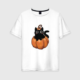 Женская футболка хлопок Oversize с принтом Кот в тыкве в Белгороде, 100% хлопок | свободный крой, круглый ворот, спущенный рукав, длина до линии бедер
 | котик в тыкве | кошка | милый котенок | тыква | хеллоуин | черный кот