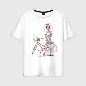 Женская футболка хлопок Oversize с принтом Оторва в Белгороде, 100% хлопок | свободный крой, круглый ворот, спущенный рукав, длина до линии бедер
 | Тематика изображения на принте: tegunvteg | дама с собачкой | животные | кошечка | кошка | силуэт