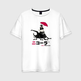 Женская футболка хлопок Oversize с принтом Cyberpunk 2077 Nicola drink в Белгороде, 100% хлопок | свободный крой, круглый ворот, спущенный рукав, длина до линии бедер
 | bug | cyberpunk 2077 | drink | girl | japan | nicola