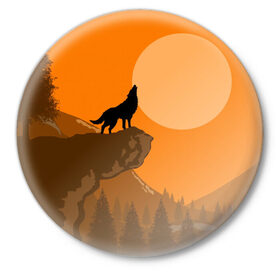 Значок с принтом Оранжевый закат в Белгороде,  металл | круглая форма, металлическая застежка в виде булавки | animals | wolf | волк | волки | животные | звери | зверь | луна | одиночество | одиночка | пёс | собака