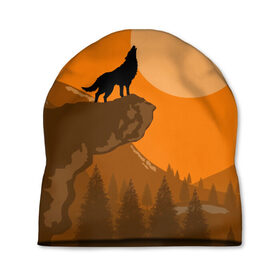 Шапка 3D с принтом Оранжевый закат в Белгороде, 100% полиэстер | универсальный размер, печать по всей поверхности изделия | animals | wolf | волк | волки | животные | звери | зверь | луна | одиночество | одиночка | пёс | собака
