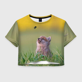 Женская футболка Crop-top 3D с принтом Лисенок и пчелка в Белгороде, 100% полиэстер | круглая горловина, длина футболки до линии талии, рукава с отворотами | fox | foxy | животное | звери | лиса | лисенок | лисичка | милая | рыжая | фокс