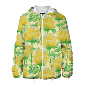 Мужская куртка 3D с принтом Желтые розы на желтом фоне в Белгороде, ткань верха — 100% полиэстер, подклад — флис | прямой крой, подол и капюшон оформлены резинкой с фиксаторами, два кармана без застежек по бокам, один большой потайной карман на груди. Карман на груди застегивается на липучку | 8 марта | flowers | summer | ботаническая иллюстрация | весна | желтый | зеленый | лето | листья | любовь | праздник | принт | природа | растения | розы | цветы