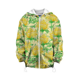 Детская куртка 3D с принтом Желтые розы на желтом фоне в Белгороде, 100% полиэстер | застежка — молния, подол и капюшон оформлены резинкой с фиксаторами, по бокам — два кармана без застежек, один потайной карман на груди, плотность верхнего слоя — 90 г/м2; плотность флисового подклада — 260 г/м2 | Тематика изображения на принте: 8 марта | flowers | summer | ботаническая иллюстрация | весна | желтый | зеленый | лето | листья | любовь | праздник | принт | природа | растения | розы | цветы