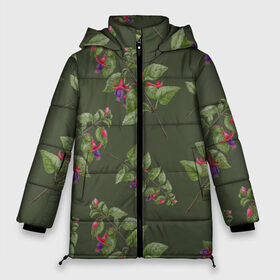 Женская зимняя куртка 3D с принтом Ветки фуксии на темно зеленом в Белгороде, верх — 100% полиэстер; подкладка — 100% полиэстер; утеплитель — 100% полиэстер | длина ниже бедра, силуэт Оверсайз. Есть воротник-стойка, отстегивающийся капюшон и ветрозащитная планка. 

Боковые карманы с листочкой на кнопках и внутренний карман на молнии | 8 марта | flowers | summer | ботаническая иллюстрация | весна | зеленый | лето | листья | любовь | оливковый | праздник | принт | природа | растения | розовый | фиолетовый | фуксия | цветы