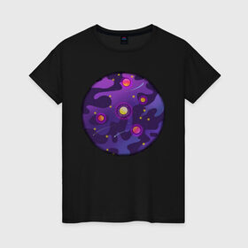 Женская футболка хлопок с принтом Мой космос! в Белгороде, 100% хлопок | прямой крой, круглый вырез горловины, длина до линии бедер, слегка спущенное плечо | tgcarpg | звезды | кометы | космос | планеты | розовый | солнце | фиолетовый