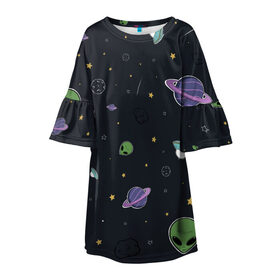 Детское платье 3D с принтом Space в Белгороде, 100% полиэстер | прямой силуэт, чуть расширенный к низу. Круглая горловина, на рукавах — воланы | Тематика изображения на принте: звезды | комета | метеориты | нло | планеты | пришелец